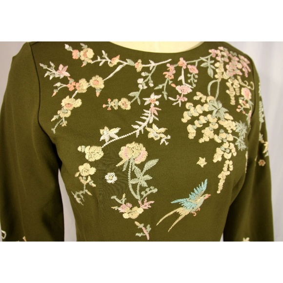 NEW Kimchi Blue Sakura Olive Green Floral Embroidered Long Sleeve Mini Dress - S - Picture 2 of 8